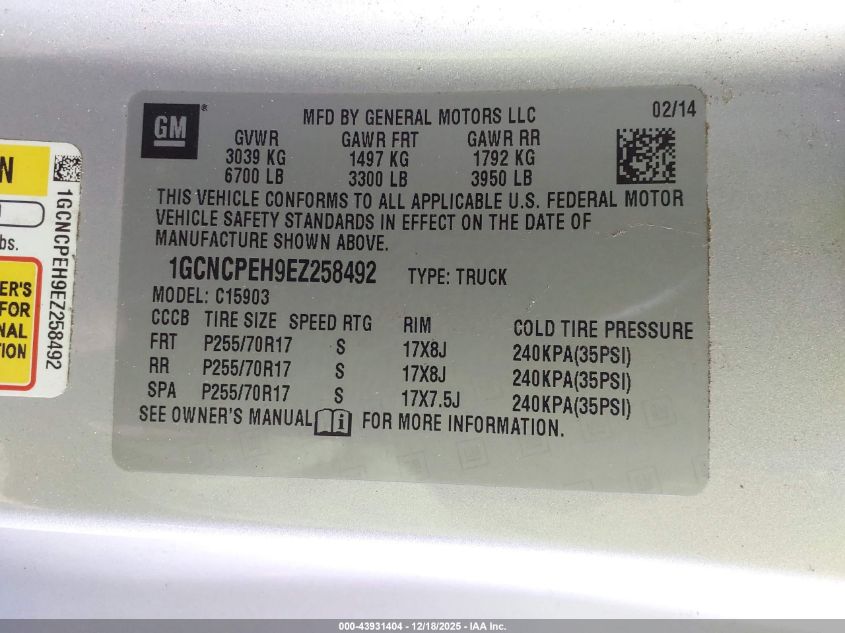 2014 Chevrolet Silverado 1500 Work Truck 1Wt VIN: 1GCNCPEH9EZ258492 Lot: 43931404