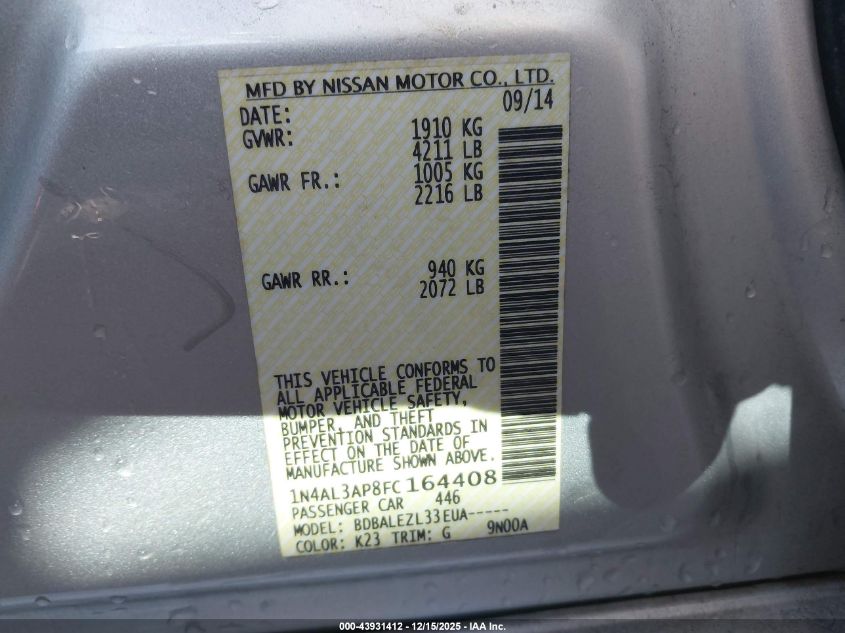 2015 Nissan Altima 2.5/2.5 S/2.5 Sl/2.5 Sv VIN: 1N4AL3AP8FC164408 Lot: 43931412