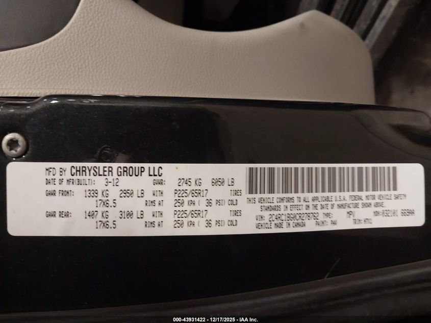 2012 Chrysler Town & Country Touring VIN: 2C4RC1BG0CR278762 Lot: 43931422