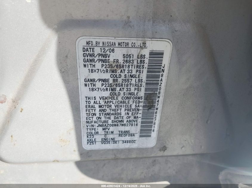 2007 Nissan Murano Se VIN: JN8AZ08W47W627816 Lot: 43931424