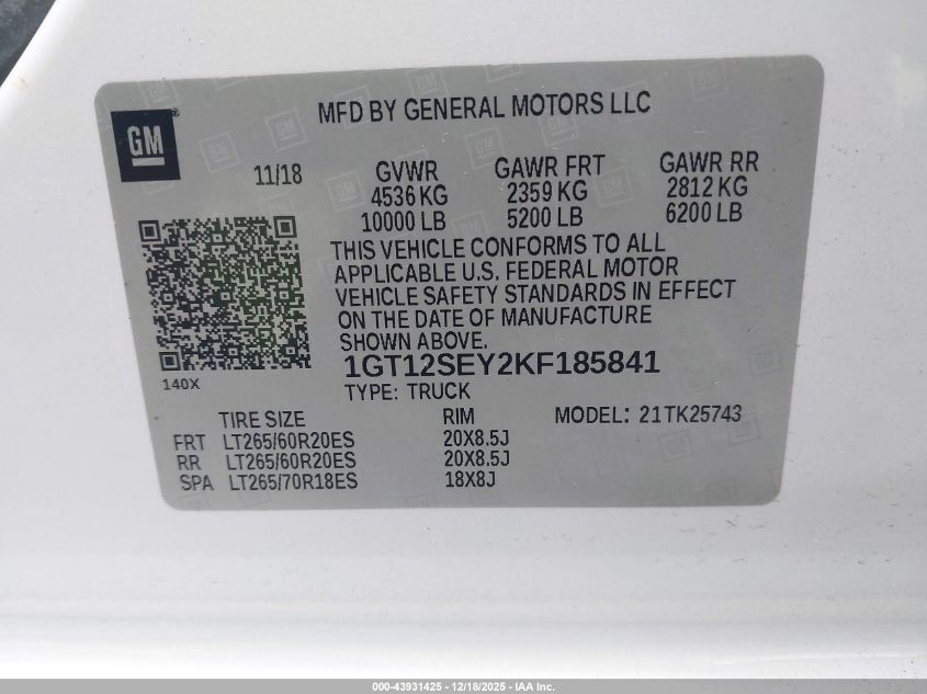2019 GMC Sierra 2500Hd Denali VIN: 1GT12SEY2KF185841 Lot: 43931425