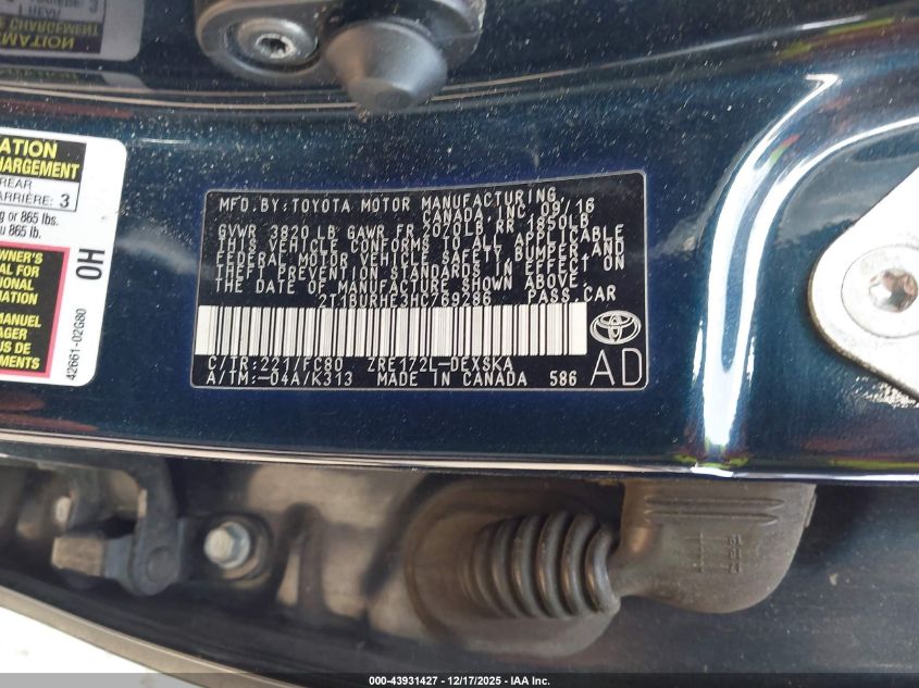 2017 Toyota Corolla Se VIN: 2T1BURHE3HC769286 Lot: 43931427