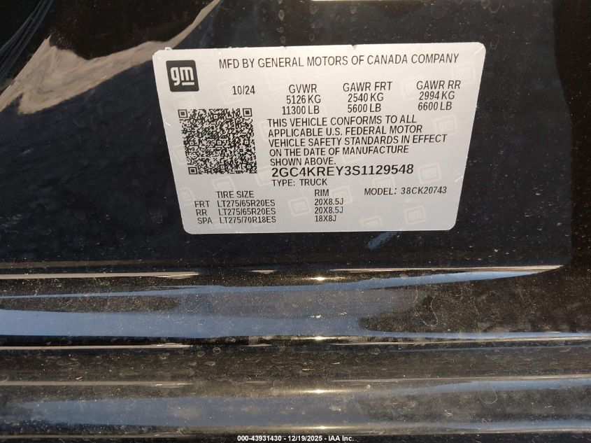 2025 Chevrolet Silverado 2500Hd 4Wd Standard Bed High Country VIN: 2GC4KREY3S1129548 Lot: 43931430