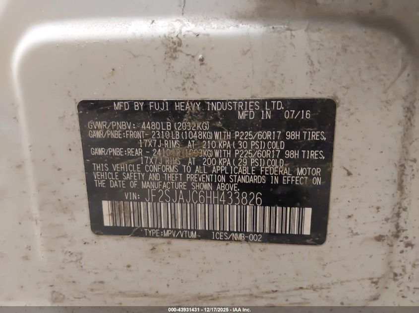 2017 Subaru Forester 2.5I Limited VIN: JF2SJAJC6HH433826 Lot: 43931431
