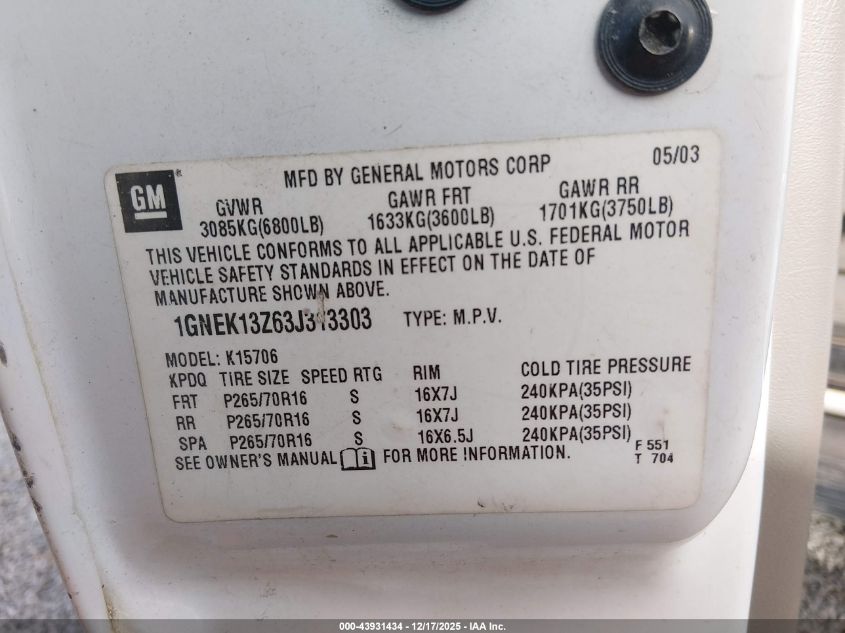 2003 Chevrolet Tahoe Ls VIN: 1GNEK13Z63J313303 Lot: 43931434