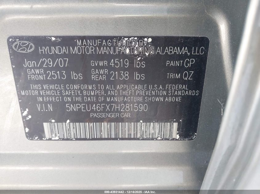 2007 Hyundai Sonata Limited/Se V6 VIN: 5NPEU46FX7H281590 Lot: 43931442
