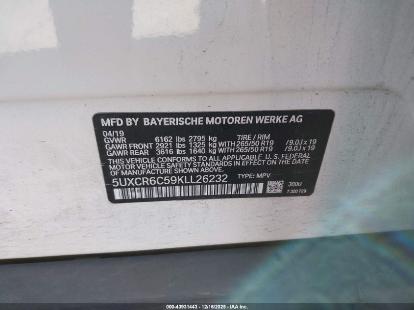 2019 BMW X5 xDrive40I VIN: 5UXCR6C59KLL26232 Lot: 43931443