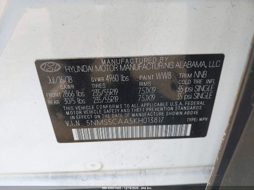 2019 Hyundai Santa Fe Limited 2.0T VIN: 5NMS5CAA5KH013817 Lot: 43931445