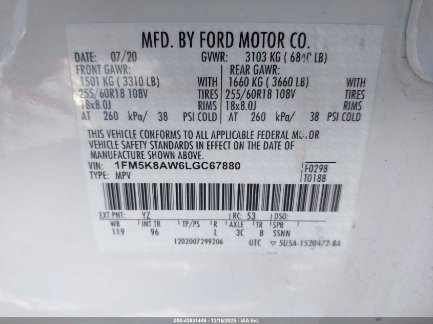 2020 Ford Police Interceptor Utility VIN: 1FM5K8AW6LGC67880 Lot: 43931449