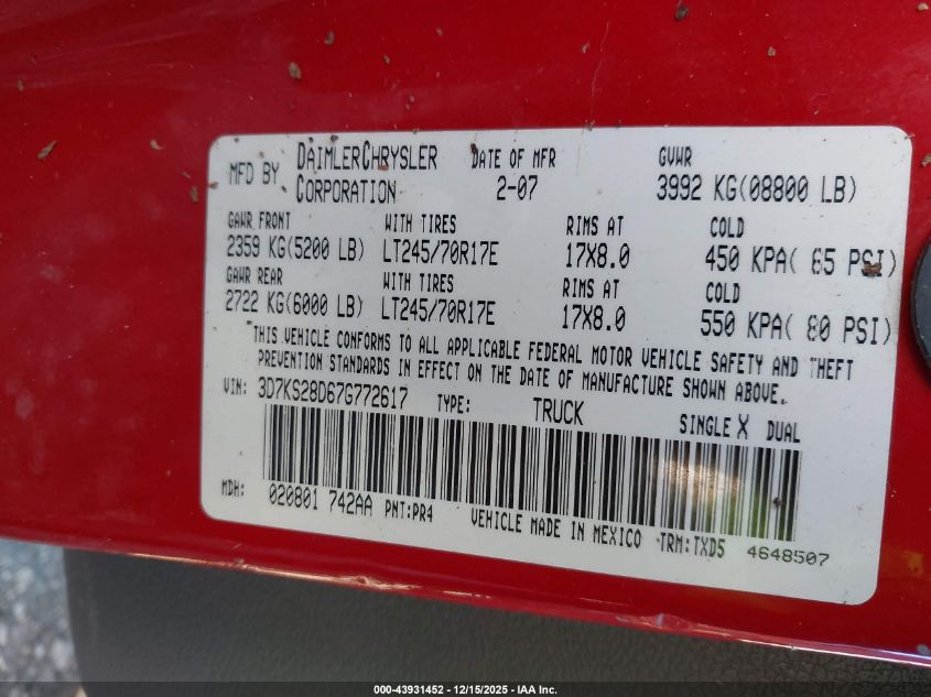 2007 Dodge Ram 2500 St VIN: 3D7KS28D67G772617 Lot: 43931452