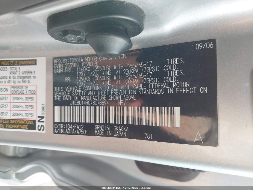 2007 Toyota 4Runner Sr5 V6 VIN: JTEBU14R078078894 Lot: 43931455