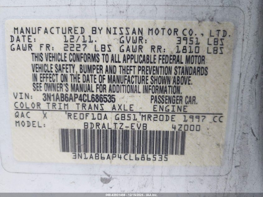 2012 Nissan Sentra 2.0 Sr VIN: 3N1AB6AP4CL686535 Lot: 43931456