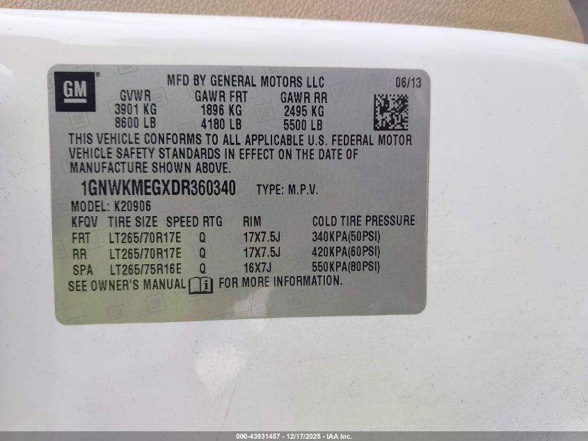 2013 Chevrolet Suburban 2500 Lt VIN: 1GNWKMEGXDR360340 Lot: 43931457