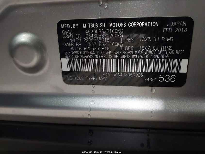 2018 Mitsubishi Eclipse Cross Sel VIN: JA4AT5AA4JZ050925 Lot: 43931458