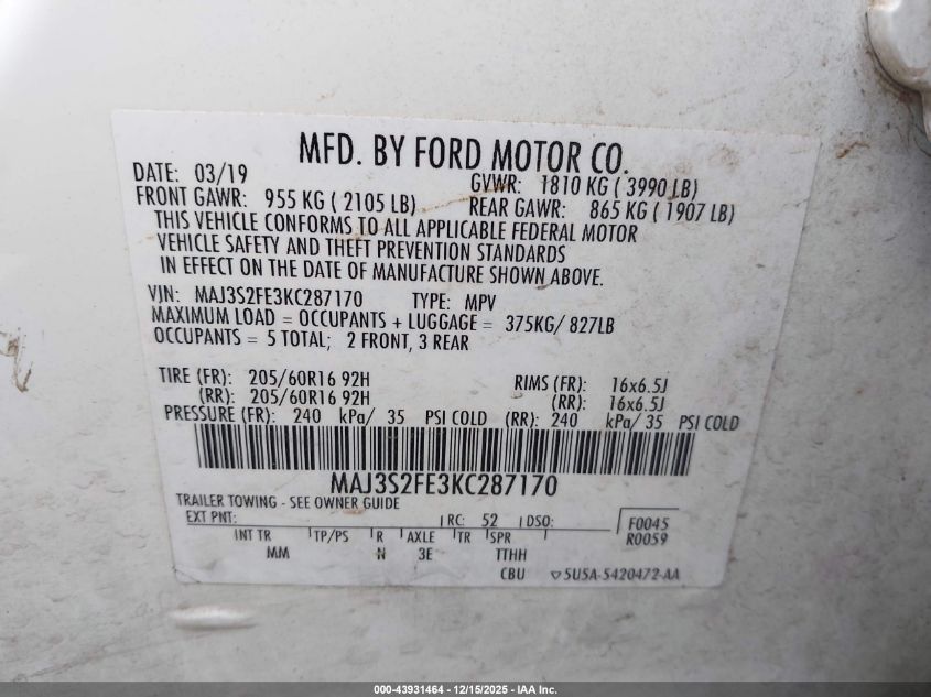 2019 Ford Ecosport S VIN: MAJ3S2FE3KC287170 Lot: 43931464