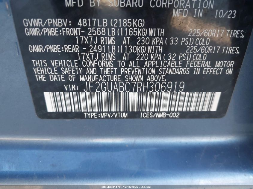 2024 Subaru Crosstrek VIN: JF2GUABC7RH306919 Lot: 43931470