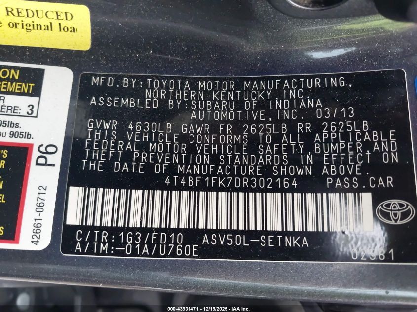 2013 Toyota Camry Le VIN: 4T4BF1FK7DR302164 Lot: 43931471