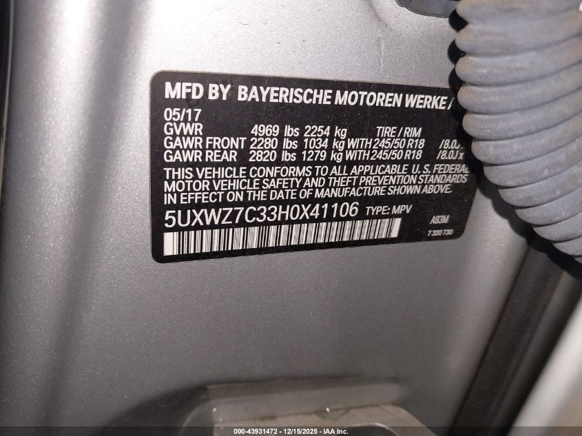 2017 BMW X3 Sdrive28I VIN: 5UXWZ7C33H0X41106 Lot: 43931472