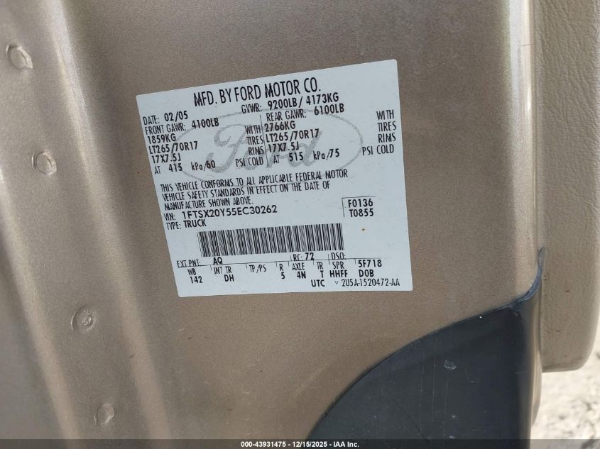 2005 Ford F-250 Lariat/Xl/Xlt VIN: 1FTSX20Y55EC30262 Lot: 43931475