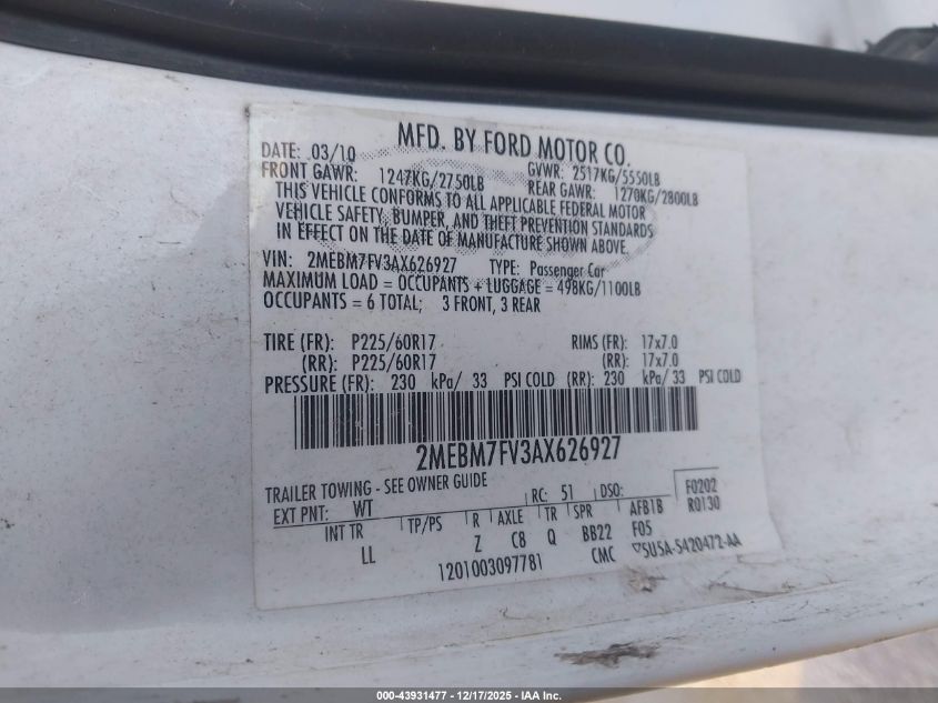 2010 Mercury Grand Marquis Ls (Fleet Only) VIN: 2MEBM7FV3AX626927 Lot: 43931477