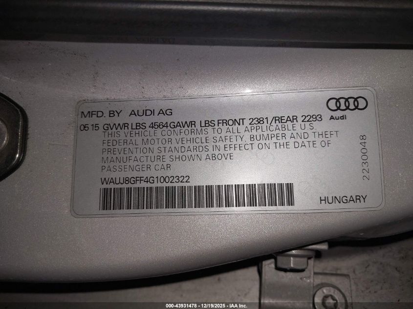 2016 Audi A3 2.0T Premium VIN: WAUJ8GFF4G1002322 Lot: 43931478