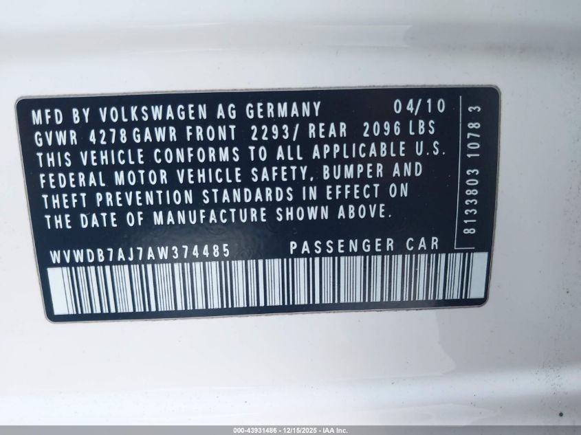 2010 Volkswagen Golf 4-Door VIN: WVWDB7AJ7AW374485 Lot: 43931486