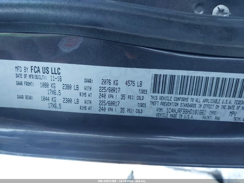 2017 Jeep Patriot High Altitude 4X4 VIN: 1C4NJRFB8HD181661 Lot: 43931488