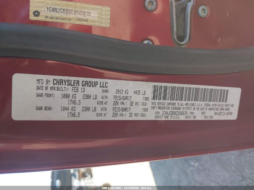 2014 Jeep Compass Sport VIN: 1C4NJCBB0ED505670 Lot: 43931490