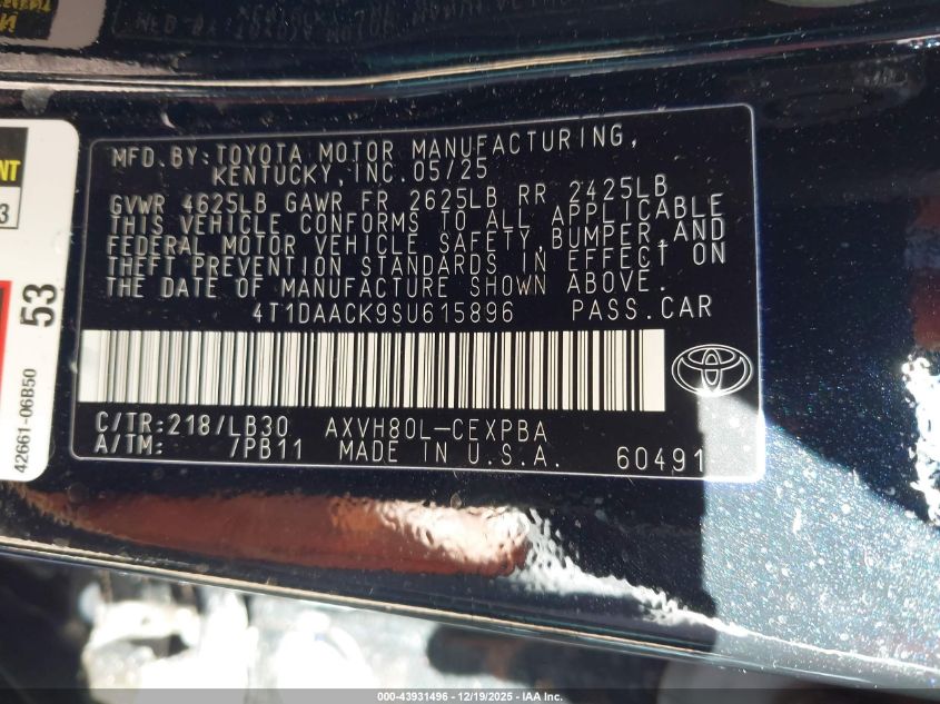 2025 Toyota Camry Xse VIN: 4T1DAACK9SU615896 Lot: 43931496