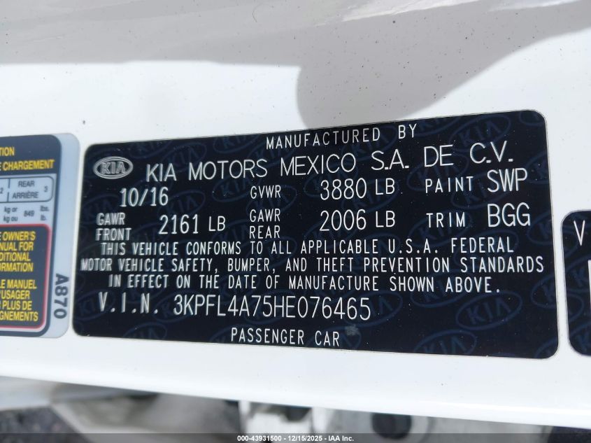 2017 Kia Forte Lx VIN: 3KPFL4A75HE076465 Lot: 43931500