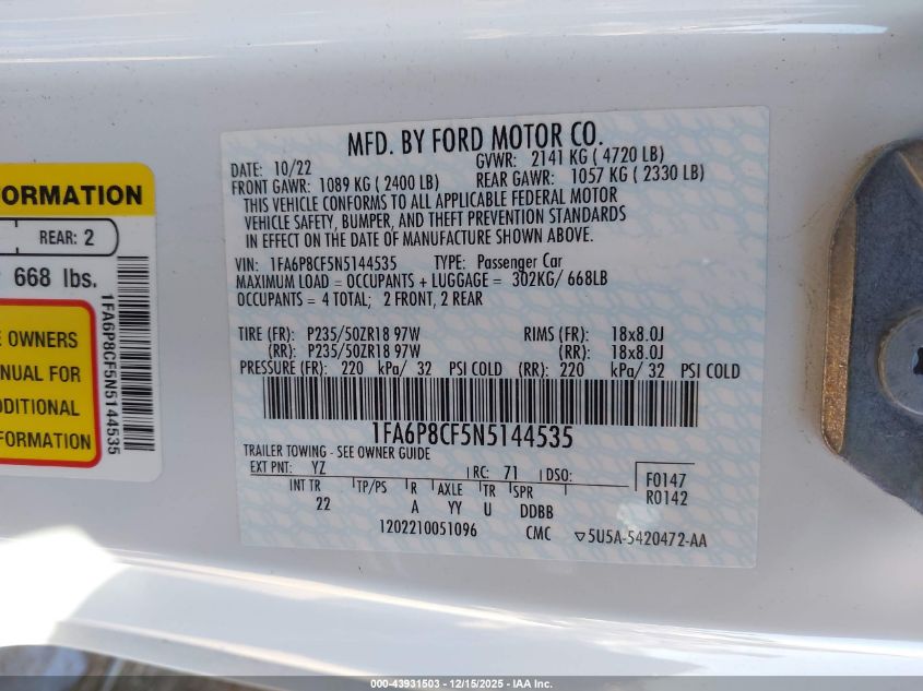 2022 Ford Mustang Gt Fastback VIN: 1FA6P8CF5N5144535 Lot: 43931503