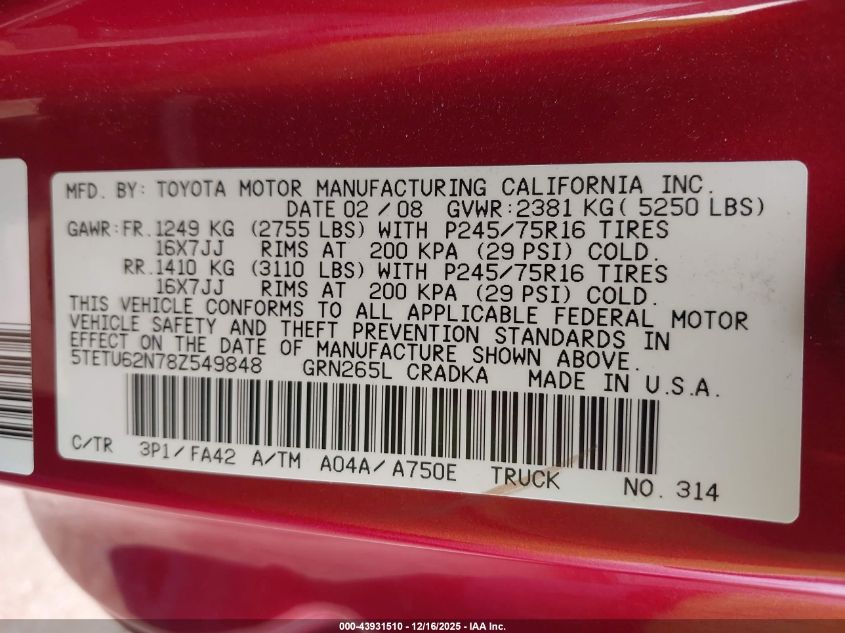 2008 Toyota Tacoma Prerunner V6 VIN: 5TETU62N78Z549848 Lot: 43931510