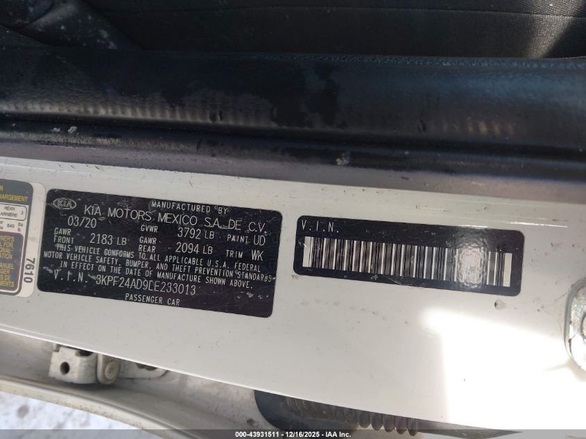 2020 Kia Forte Lxs VIN: 3KPF24AD9LE233013 Lot: 43931511