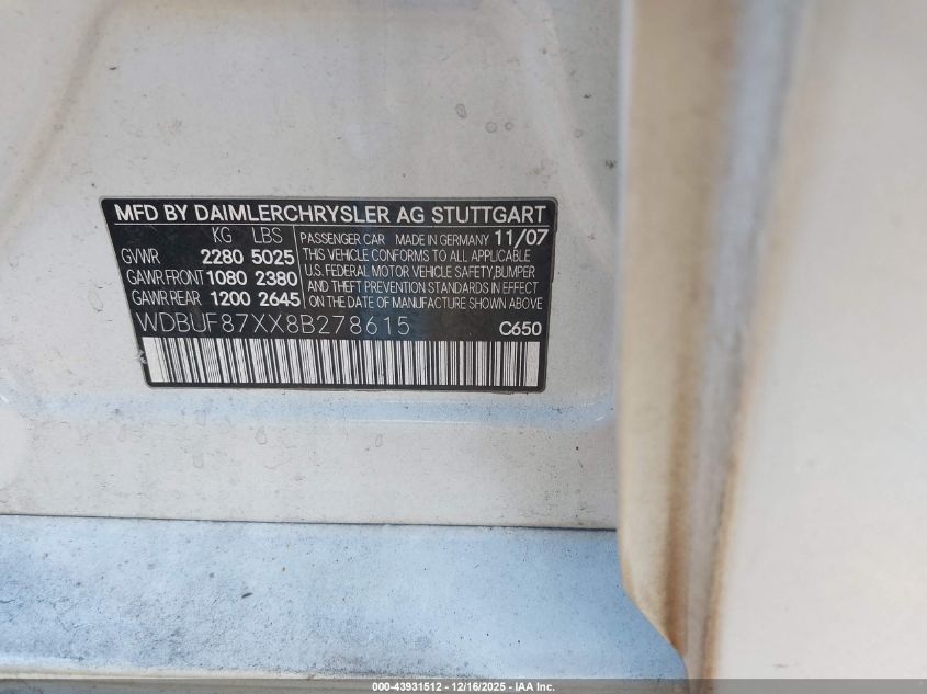 2008 Mercedes-Benz E 350 4Matic VIN: WDBUF87XX8B278615 Lot: 43931512