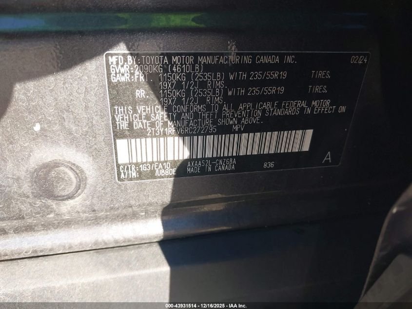 2024 Toyota Rav4 Limited VIN: 2T3Y1RFV6RC272795 Lot: 43931514