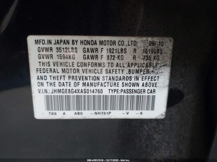 2010 Honda Fit Sport VIN: JHMGE8G4XAS014760 Lot: 43931516