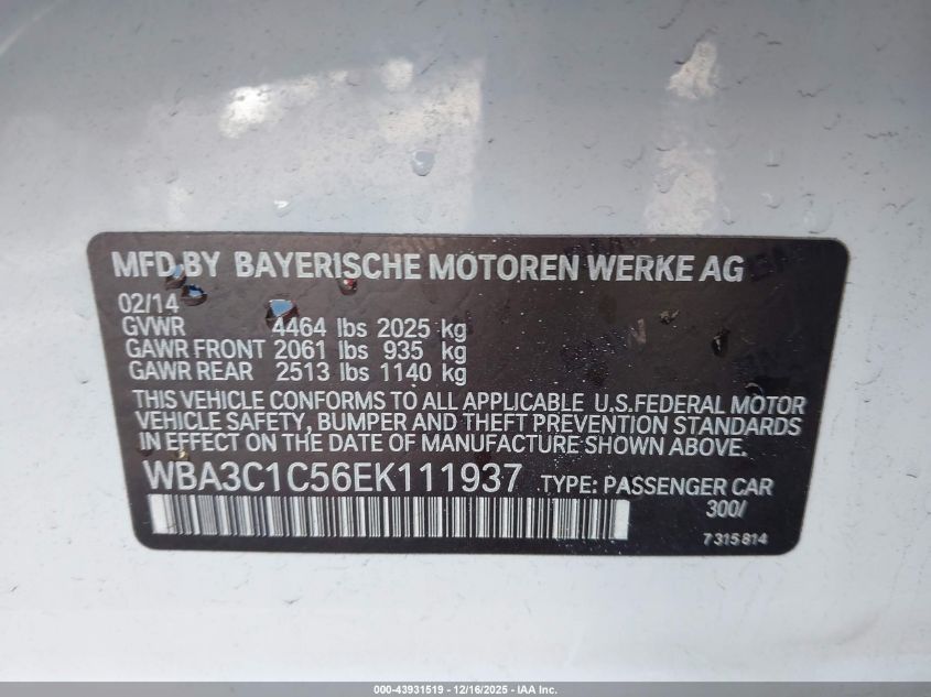2014 BMW 328I VIN: WBA3C1C56EK111937 Lot: 43931519