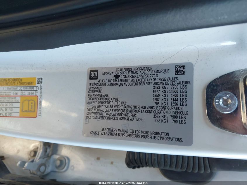 2022 Chevrolet Suburban Rst VIN: 1GNSKEKL4NR312713 Lot: 43931520