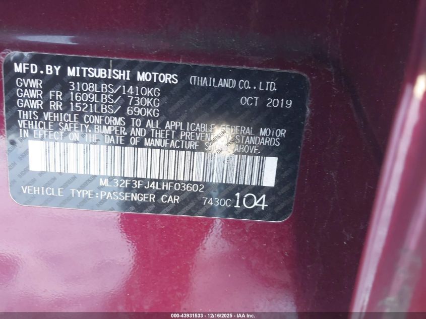 2020 Mitsubishi Mirage G4 Es VIN: ML32F3FJ4LHF03602 Lot: 43931533