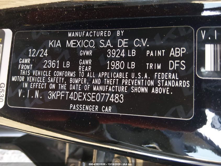 2025 Kia K4 Lx VIN: 3KPFT4DEXSE077483 Lot: 43931538