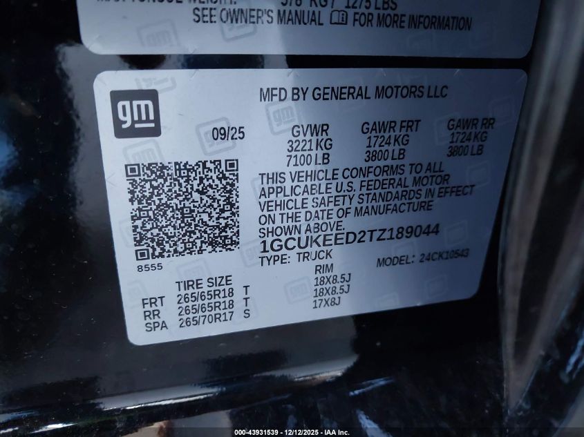 2026 Chevrolet Silverado 1500 VIN: 1GCUKEED2TZ189044 Lot: 43931539