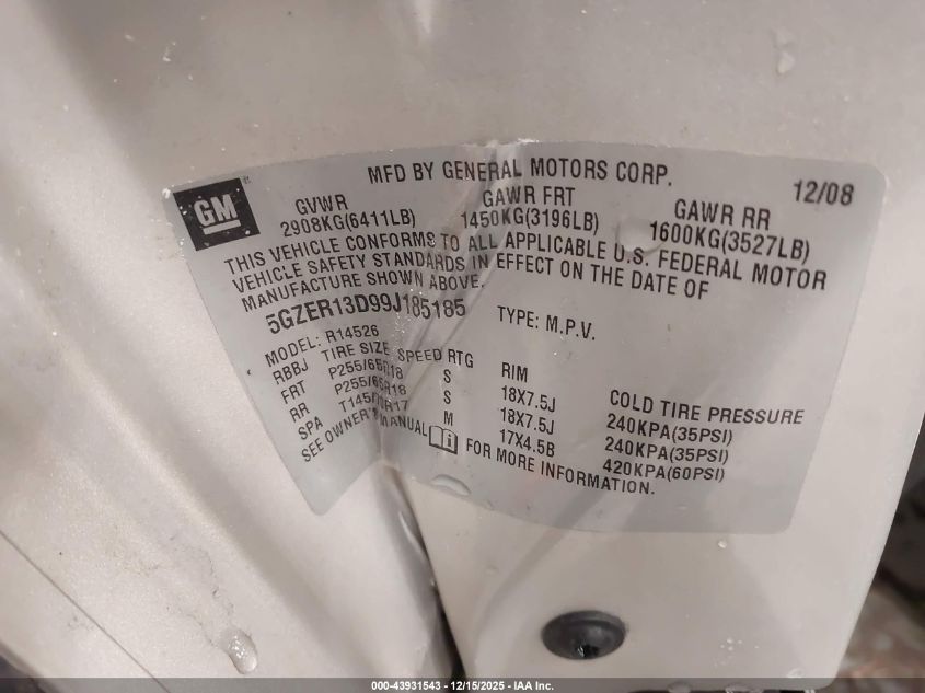 2009 Saturn Outlook Xe VIN: 5GZER13D99J185185 Lot: 43931543