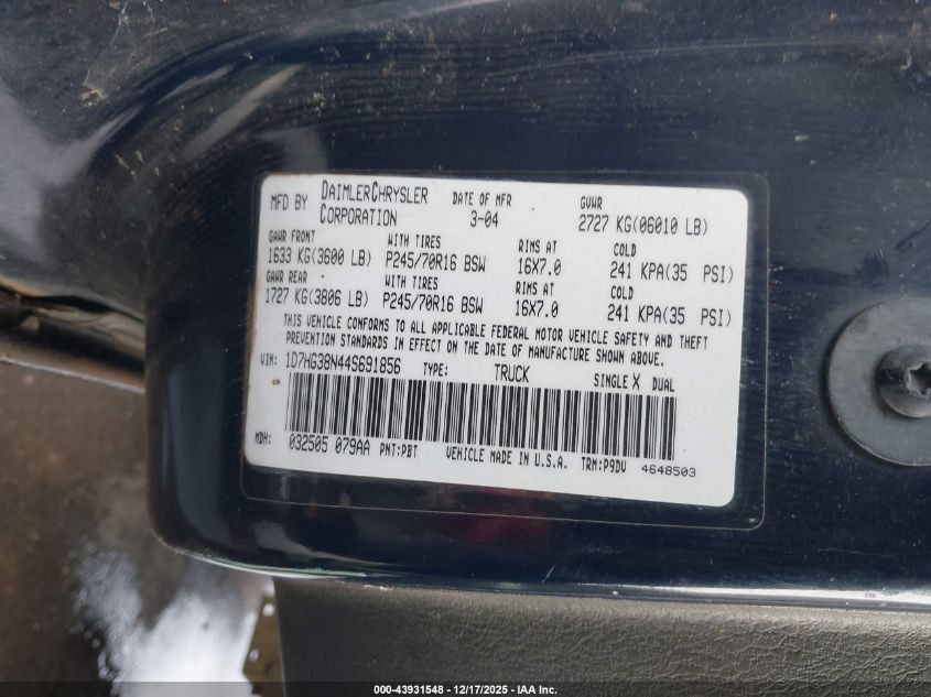 2004 Dodge Dakota Sport/Sxt VIN: 1D7HG38N44S691856 Lot: 43931548