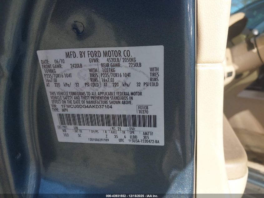 2010 Ford Escape Xlt VIN: 1FMCU0DG4AKD37104 Lot: 43931552