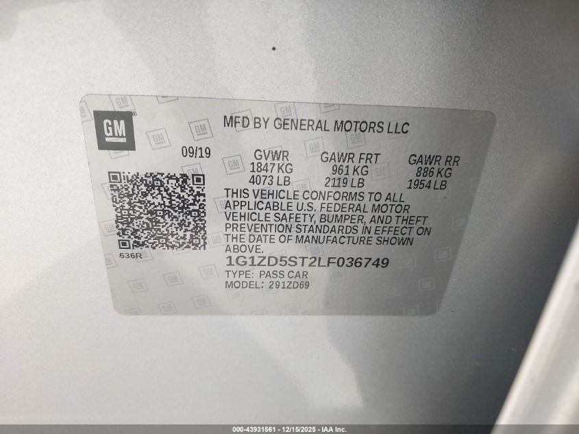 2020 Chevrolet Malibu Fwd Lt VIN: 1G1ZD5ST2LF036749 Lot: 43931561