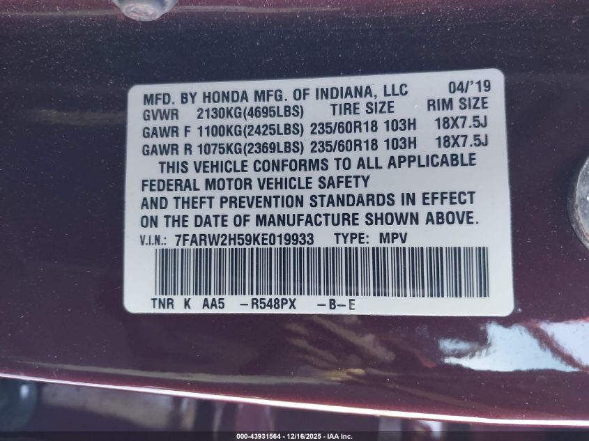 2019 Honda Cr-V Ex VIN: 7FARW2H59KE019933 Lot: 43931564