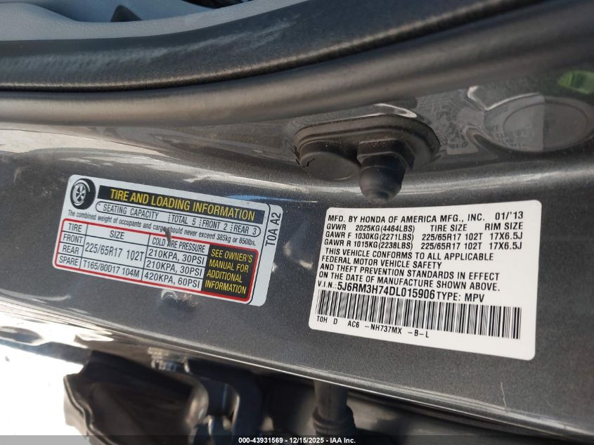 2013 Honda Cr-V Ex-L VIN: 5J6RM3H74DL015906 Lot: 43931569