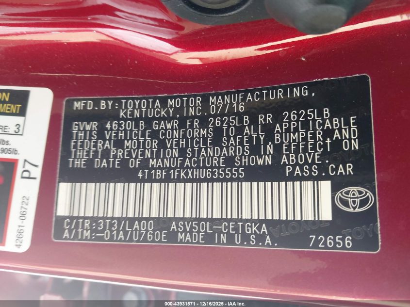 2017 Toyota Camry Xle VIN: 4T1BF1FKXHU635555 Lot: 43931571