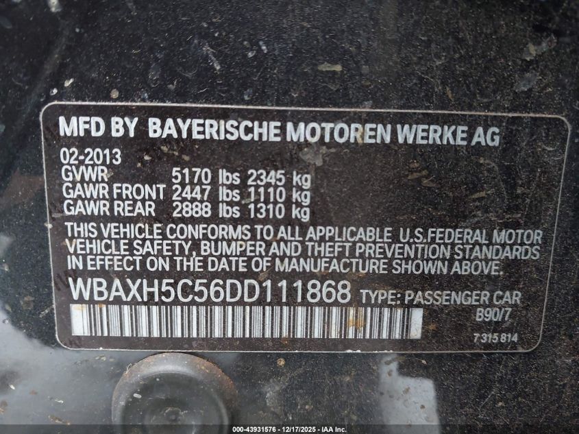 2013 BMW 528I xDrive VIN: WBAXH5C56DD111868 Lot: 43931576