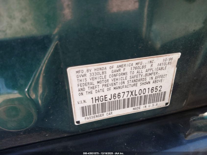 1999 Honda Civic Lx VIN: 1HGEJ6677XL001652 Lot: 43931579